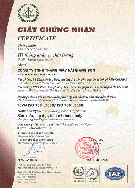 Chứng nhận ISO 9001:2008 - Thang Máy HAGISON - Công Ty TNHH Thang Máy Hải Giang Sơn